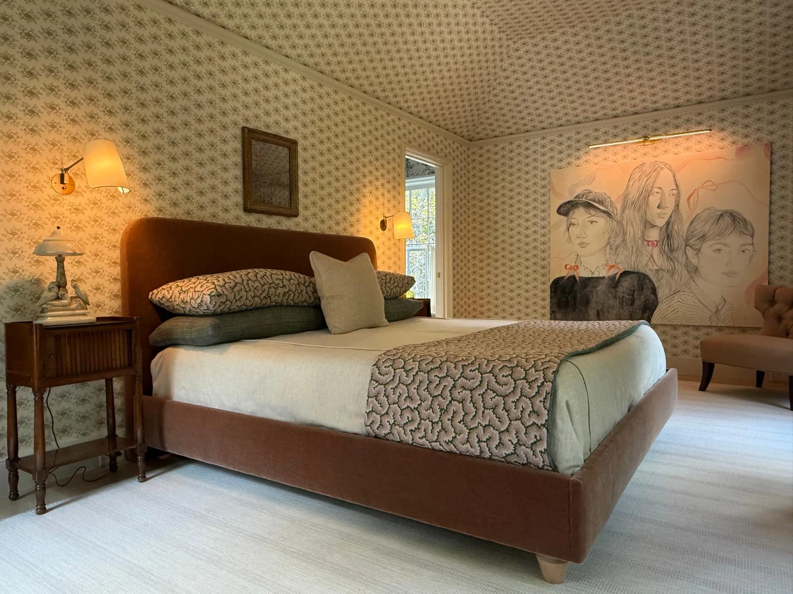 Master bedroom suite with bespoke velvet bed and fine linen staging