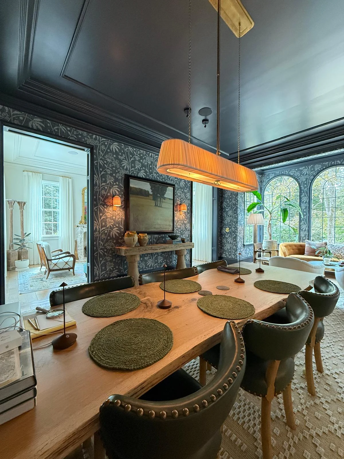 Formal dining and conference table chamber with dark oak coffered ceiling