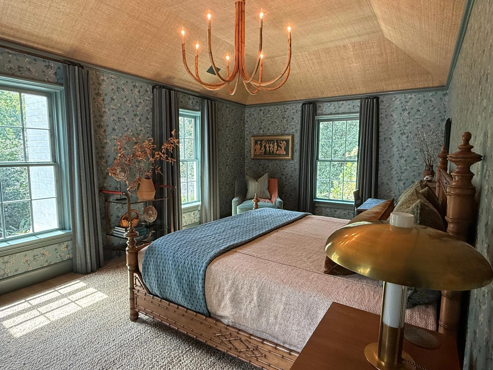 Canopy bed suite with grasscloth vaulted ceiling